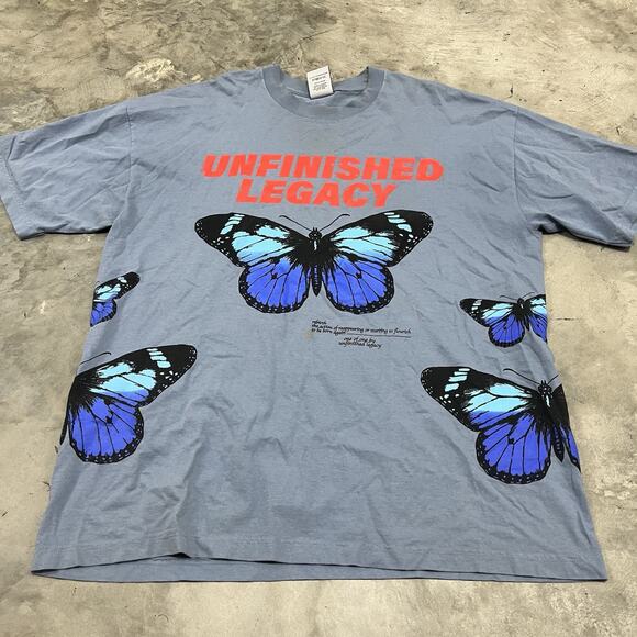 Unfinished Legacy Blue Butterfly Graphic Tee Small Blue Shirt Short Sleeves XL - Picture 1 of 7